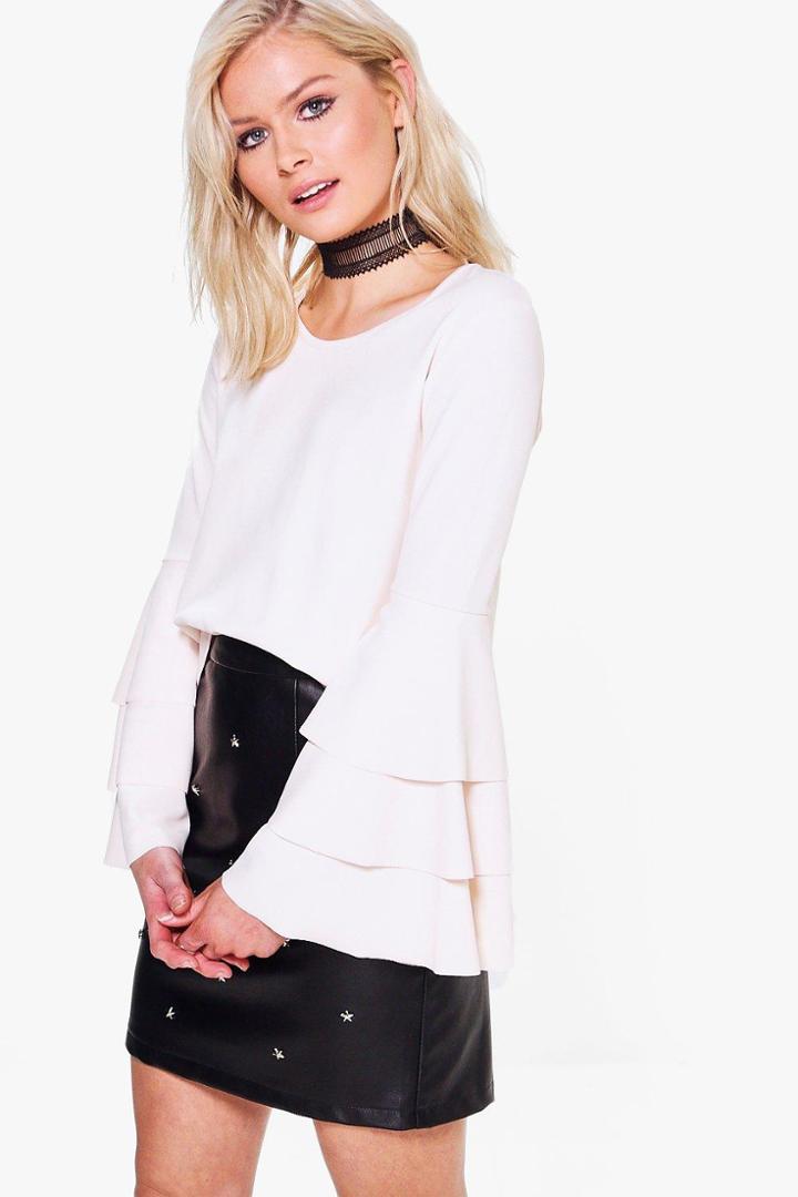 Boohoo Eve Double Frill Sleeve Top Nude