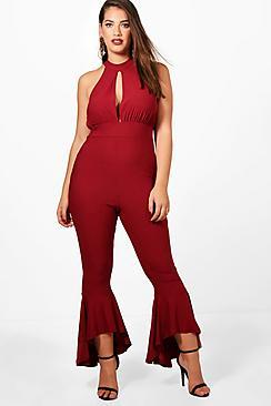 Boohoo Plus Claire Plunge Neck Frill Jumpsuit