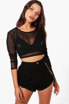 Boohoo Carly Cross Embroidered Mesh Crop Top Black