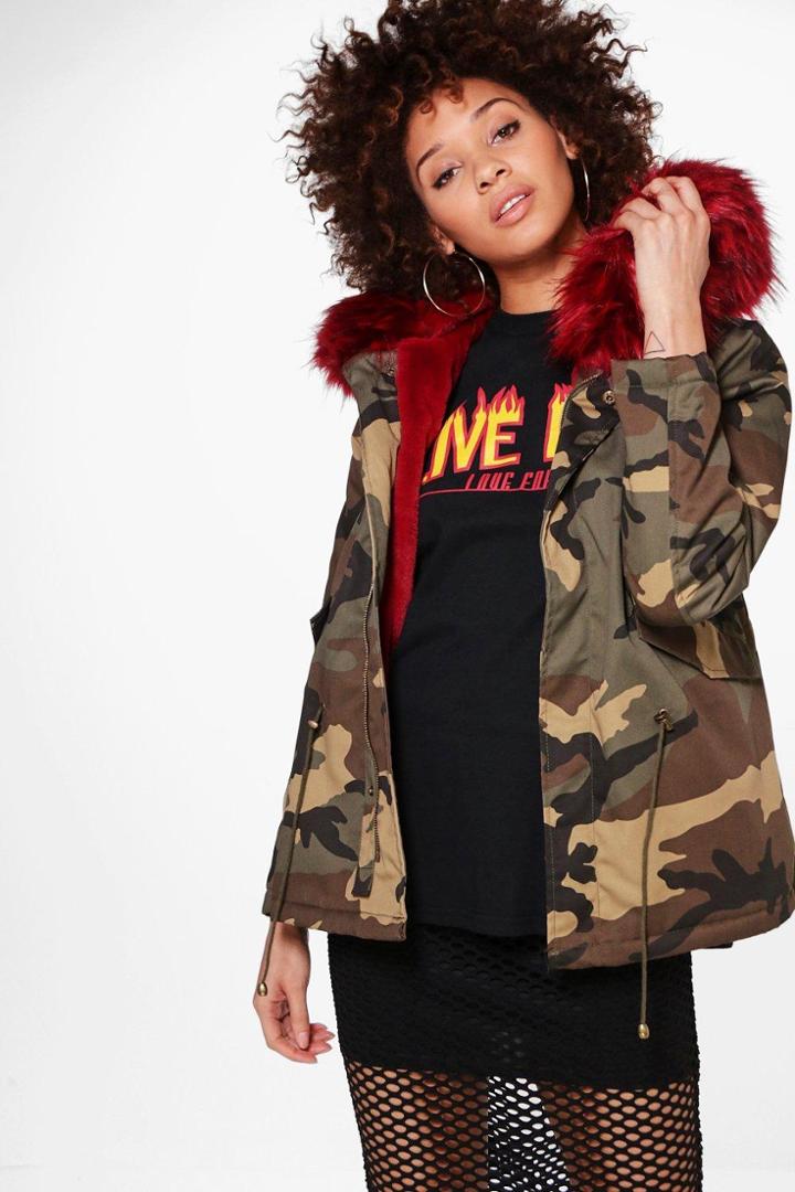 Boohoo Natalie Short Camo Faux Fur Lined Parka Wine