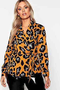Boohoo Plus Woven Satin Leopard Wrap Top