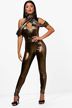 Boohoo Linda High Neck Cold Shoulder Metallic Jumpsuit