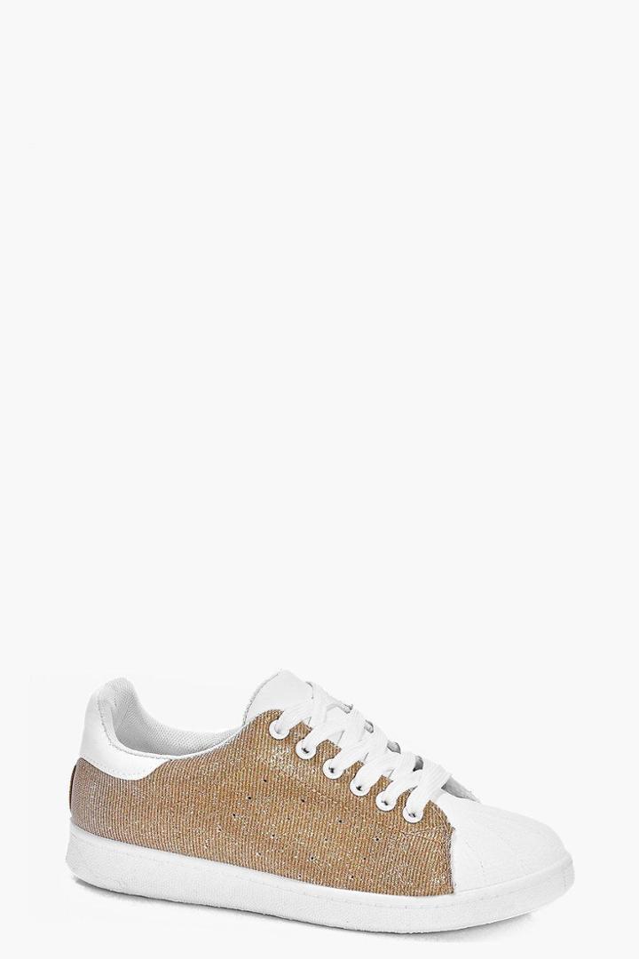 Boohoo Amy Glitter Contrast Toe Trainer Gold