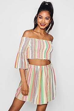 Boohoo Sophie Sheered Bardot Stripe Top Skirt Co-ord