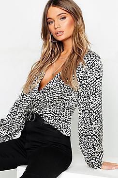 Boohoo Leopard Satin Wrap Blouse