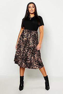 Boohoo Plus Jersey Animal Print Midi Skater Skirt