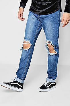 Boohoo Mid Blue Ripped Knee Slim Fit Jeans
