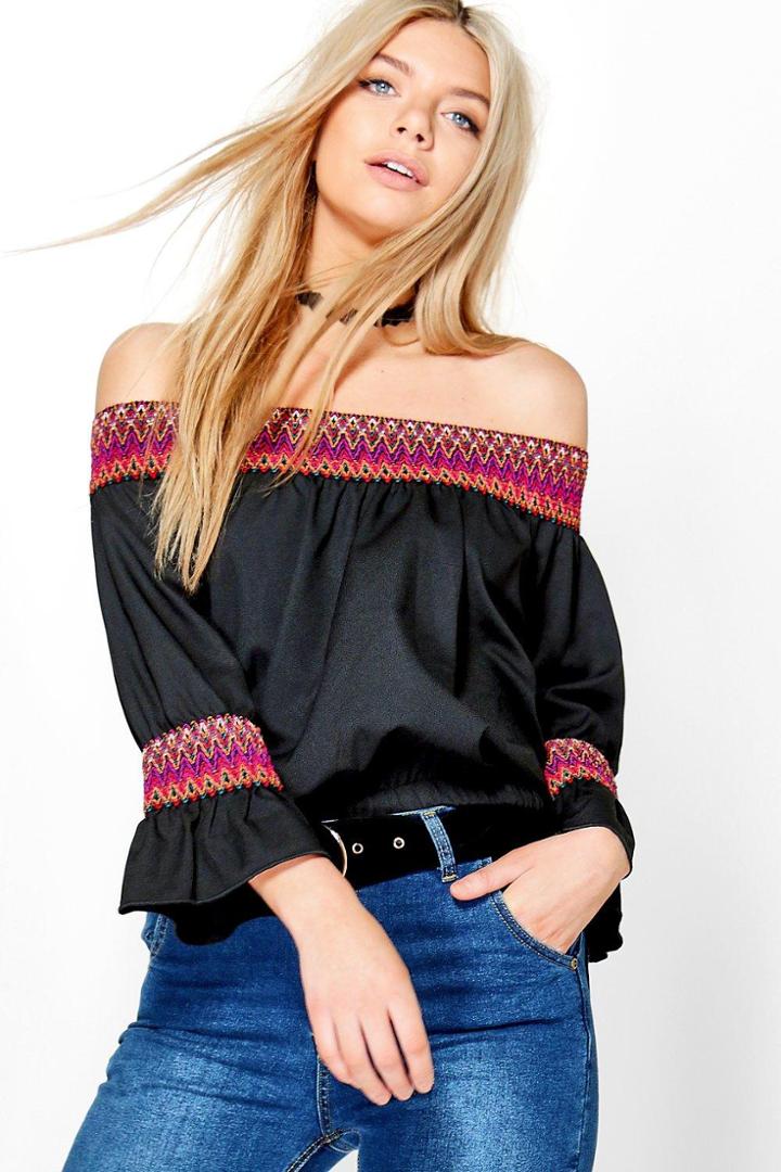 Boohoo Florence Embroidered Trim Bardot Top Black