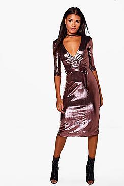 Boohoo Joss Metallic Wrap Midi Bodycon Dress