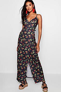 Boohoo Kaitlin Cherry Print Wrap Skirt Maxi Dress