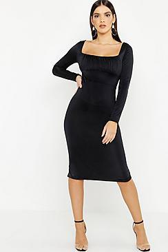 Boohoo Square Neck Ruched Long Sleeve Midi Dress