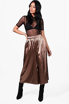 Boohoo Behati Satin Drawcord Waist Wide Leg Cropped Trousers