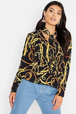 Boohoo Woven Chain Tie Neck Satin Blouse