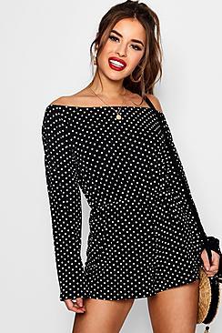 Boohoo Petite Frankie Polka Dot Flare Sleeve Bardot Playsuit
