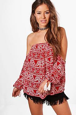 Boohoo Petite Sarah Elephant Print Off The Shoulder Top
