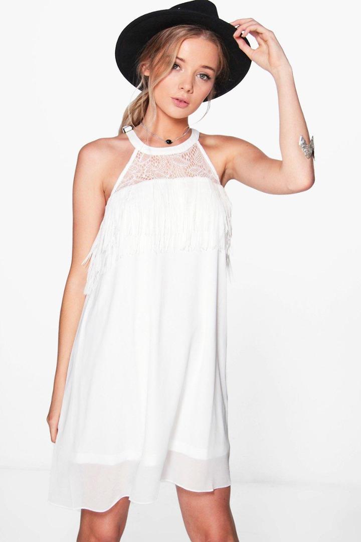 Boohoo Lottie Fringe & Lace Detail Dress White