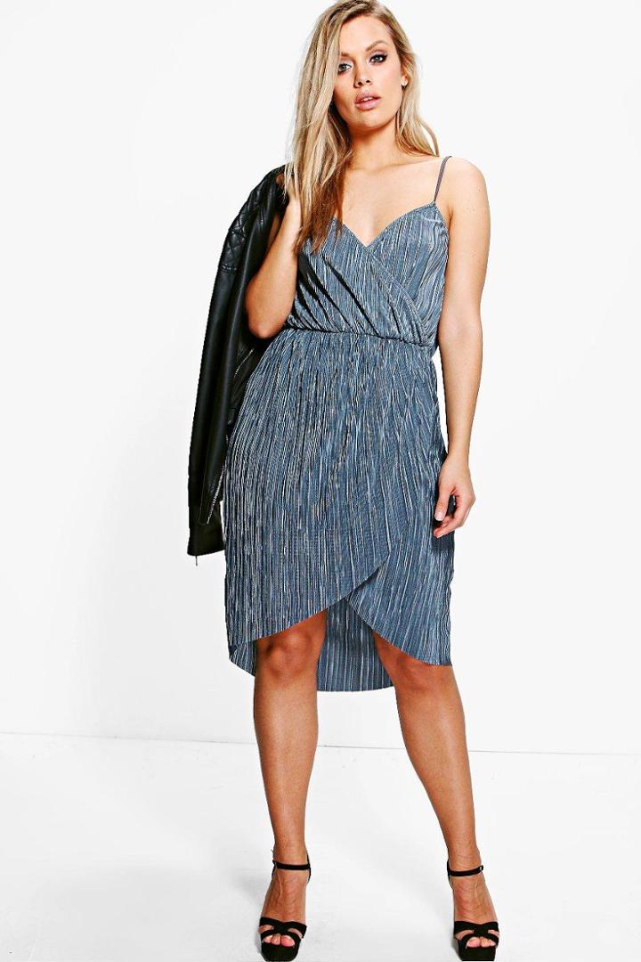 Boohoo Plus Suzie Pleated Wrap Front Midi Dress Grey