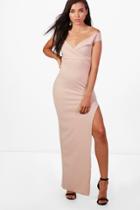 Boohoo Petite Dana Wrap Top Off The Shoulder Maxi Dress Stone