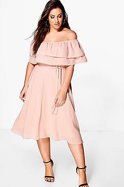 Boohoo Plus  Ruffle Tie Waist Skater Dress