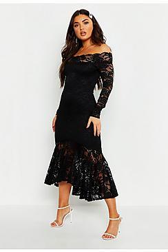 Boohoo Off The Shoulder Lace Fishtail Midi Dress