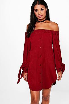 Boohoo Bea Off Shoulder Button Through Shift Dress