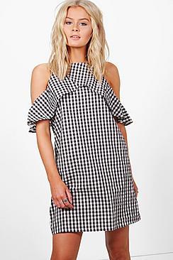 Boohoo Amelia Cold Shoulder Gingham Shift Dress