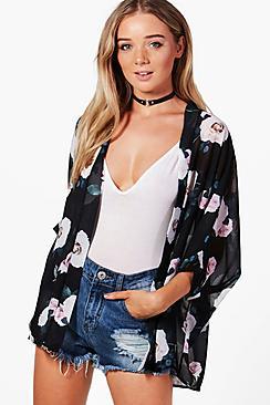 Boohoo Rose Print Chiffon Kimono