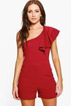 Boohoo Aisah One Shoulder Frill Playsuit Wine