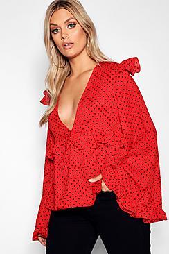 Boohoo Plus Plunge Ruffle Spot Top