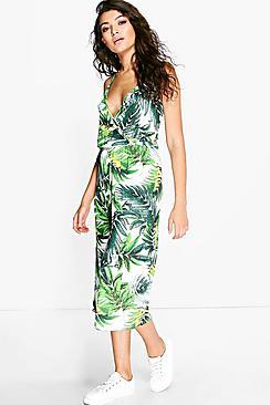 Boohoo Amy Palm Print Wrap Culottes Jumpsuit