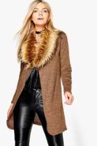 Boohoo Annabelle Faux Fur Collar Cardigan Mocha