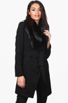Boohoo Caroline Faux Fur Collar Belted Coat Black