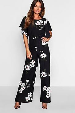 Boohoo Floral Angel Sleeve Jumpsuit