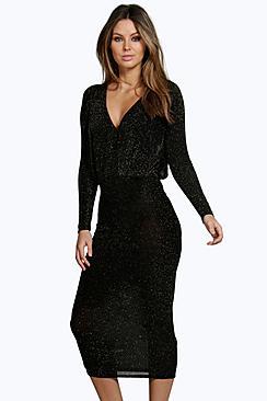 Boohoo Lynn Metallic Long Sleeve Midi Bodycon Dress