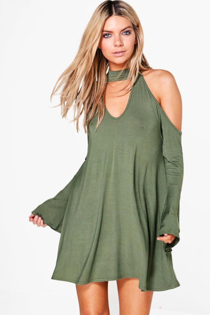 Boohoo Maisie Cold Shoulder Choker Swing Dress Khaki