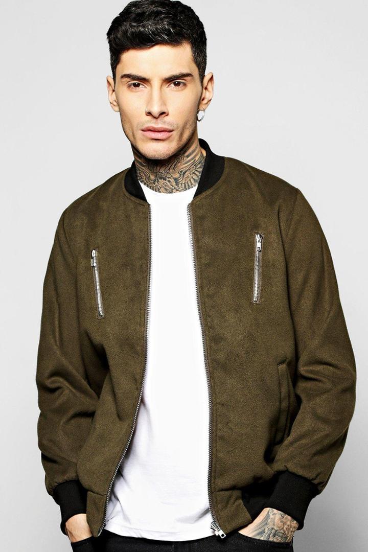 Boohoo Smart Melton Bomber Jacket With Contrast Zip Detail Khaki