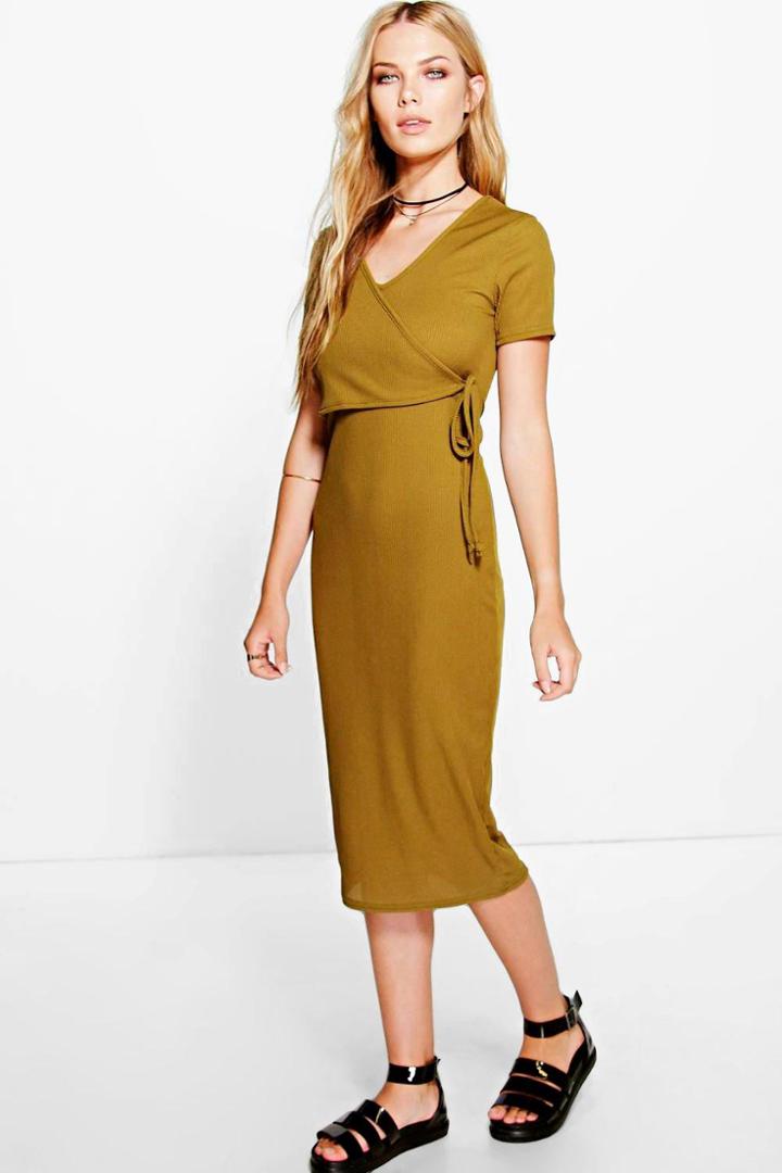 Boohoo Tilly Ribbed Cap Sleeve Midi Dress Olive