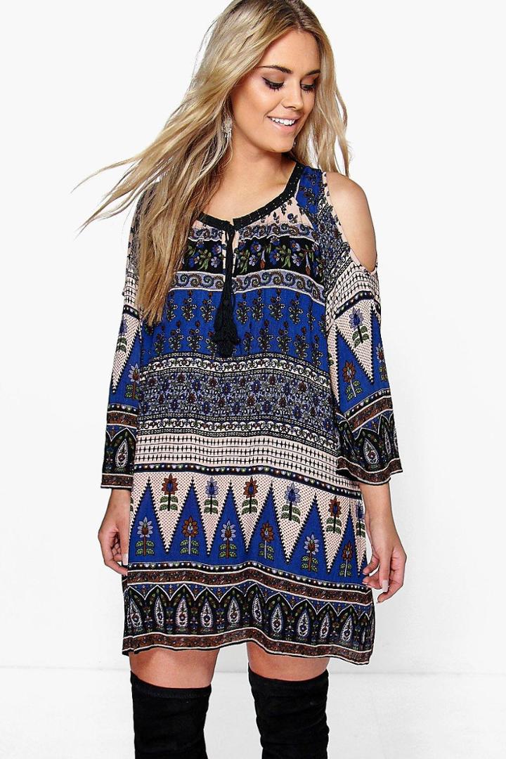 Boohoo Plus Molly Paisley Open Shoulder Shift Dress Multi