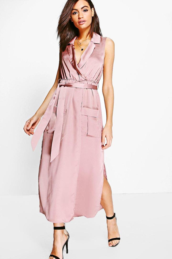 Boohoo Jennie Utility Pocket Wrap Satin Dress Copper