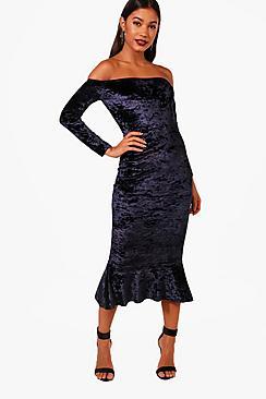 Boohoo Fay Velvet Off The Shoulder Midi Dress