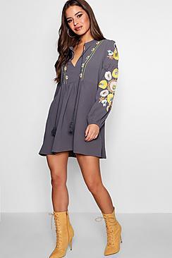 Boohoo Petite Heavily Embroidered Smock Dress