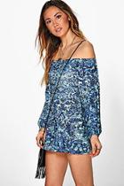 Boohoo Nia Blue Paisley Off The Shoulder Playsuit
