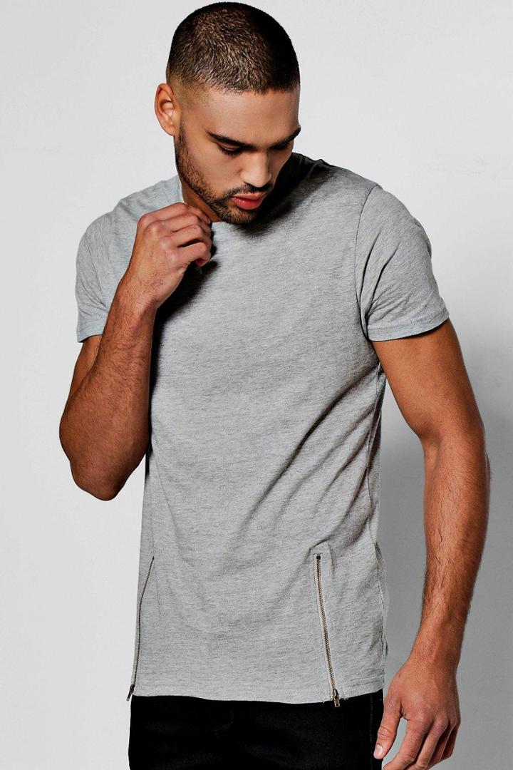 Boohoo Longline T-shirt With Zips Grey