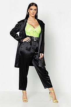 Boohoo Satin Paperbag Waist Pleat Tapered Trouser