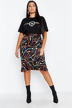 Boohoo Plus Satin Chain Printed Midi Skirt