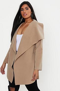 Boohoo Plus Wool Waterfall Belted Coat