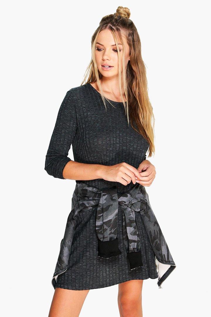 Boohoo Mia Marl Rib Knit Swing Dress Charcoal