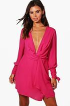 Boohoo Petite Yazz Ruched Sleeve Wrap Dress