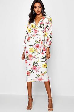 Boohoo Tall Floral Print Midi Bodycon Dress