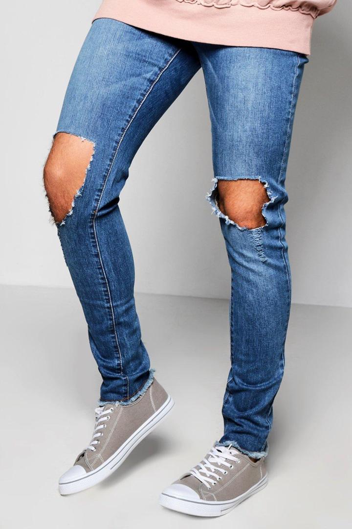 Boohoo Super Skinny Destroyed Knee Jeans Blue